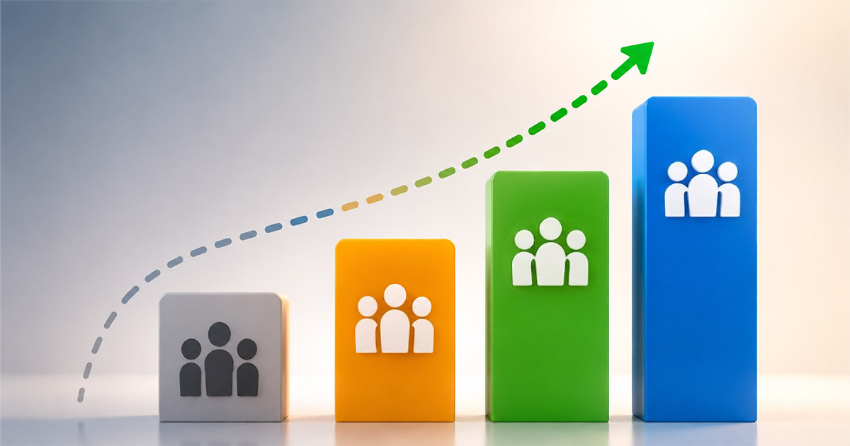 3D bar chart showing rising colored blocks with workforce icons under an upward-trending arrow, representing workforce growth and benefit ROI.