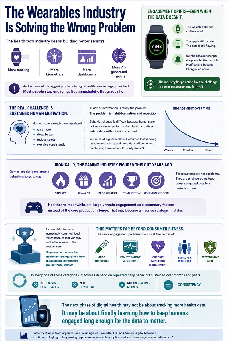Infographic titled 'The Wearables Industry Is Solving the Wrong Problem,' highlighting how health tech needs gamification and behavioral psychology to maintain user engagement over time.