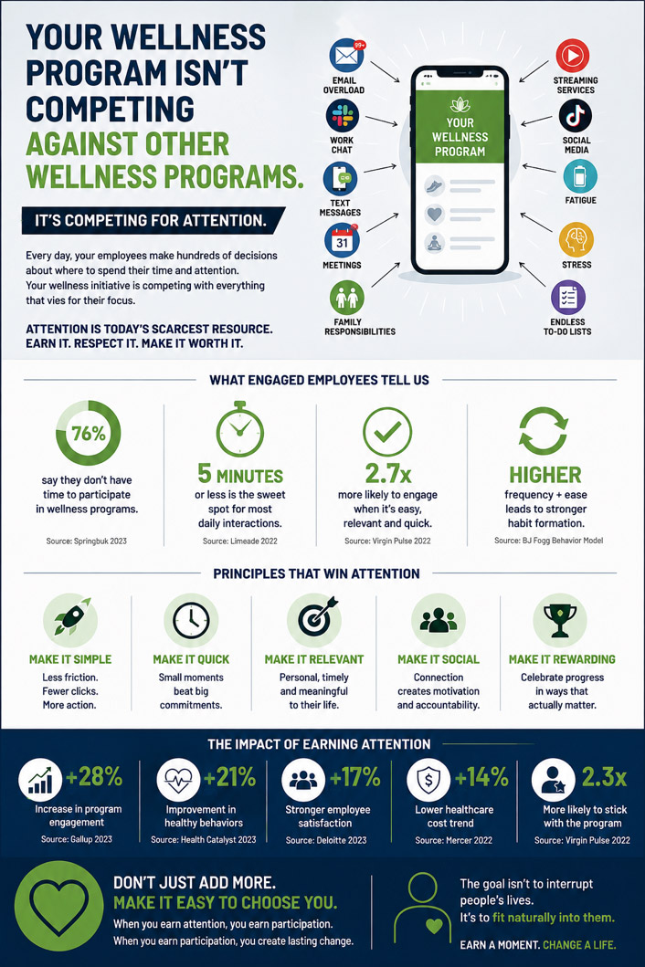 Infographic titled 'Your Wellness Program Isn't Competing Against Other Wellness Programs. It's Competing For Attention,' detailing statistics on micro-interactions, principles for capturing attention, and ROI metrics for participation.