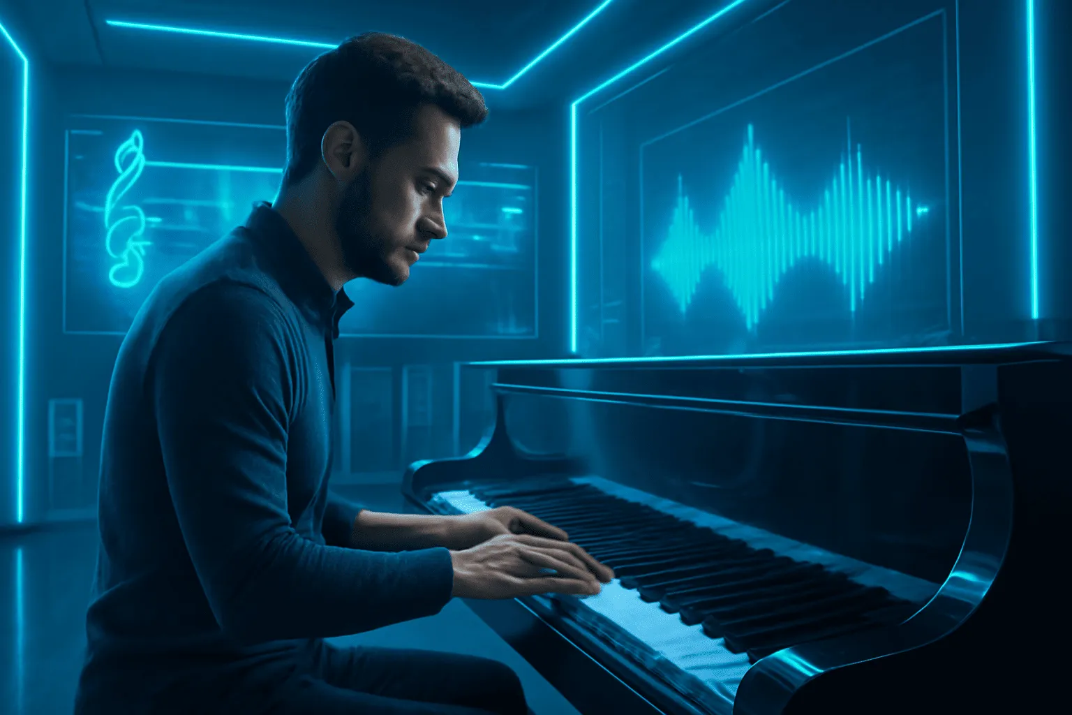 man playing piano in a futuristic studio