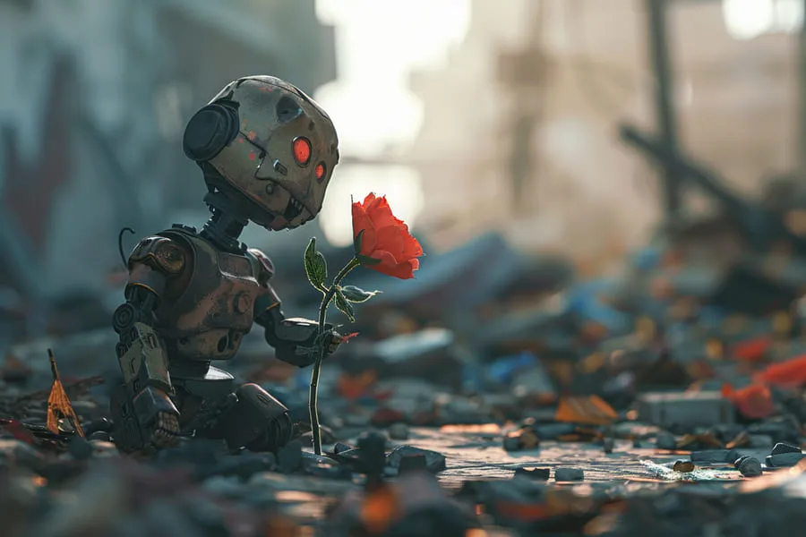 sad-broken-robot-holding-a-fresh-flower