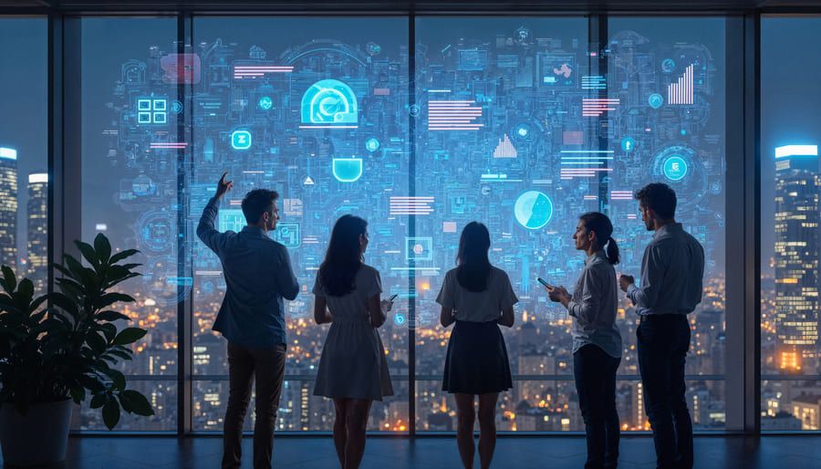 team looking futuristic digital interface office