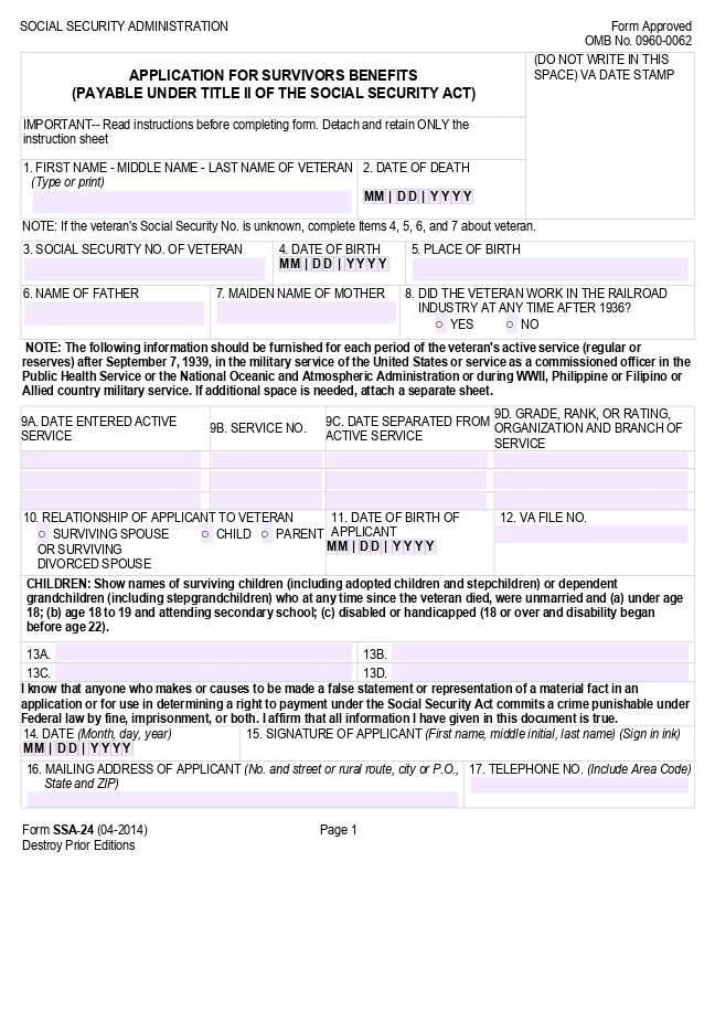 Application for survivor benefits form