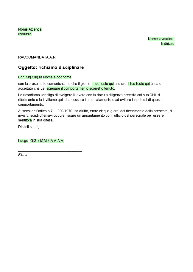 Modulo Lettera di richiamo disciplinare dipendente