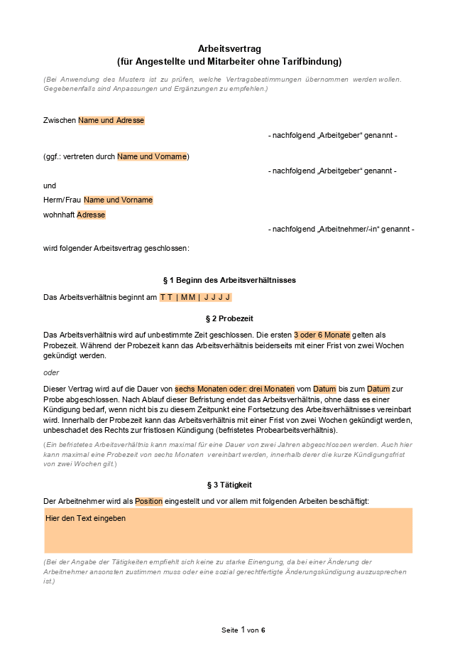 Formular eines Arbeitsvertrags