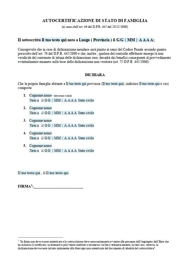 Modello Autocertificazione stato di famiglia