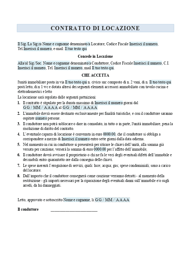 Modulo Contratto di locazione turistica