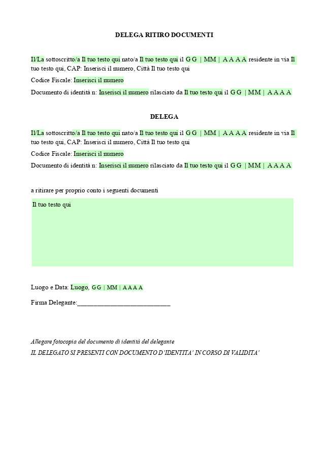 Modello Delega per ritiro documenti