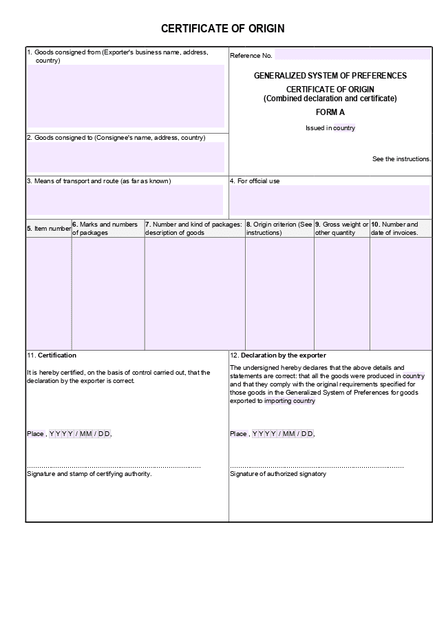 Certificate of origin form