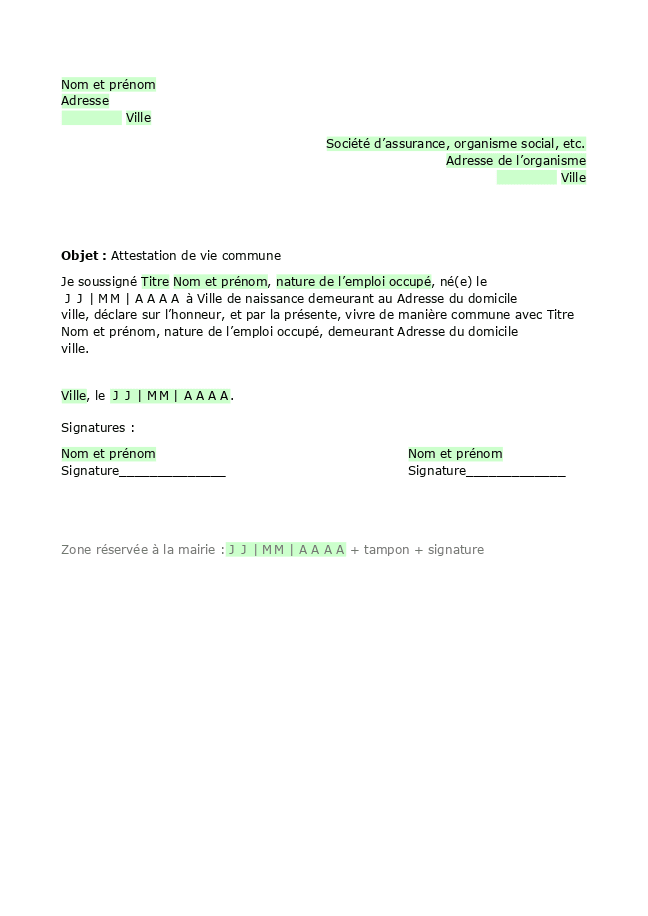 Formulaire attestation de vie commune
