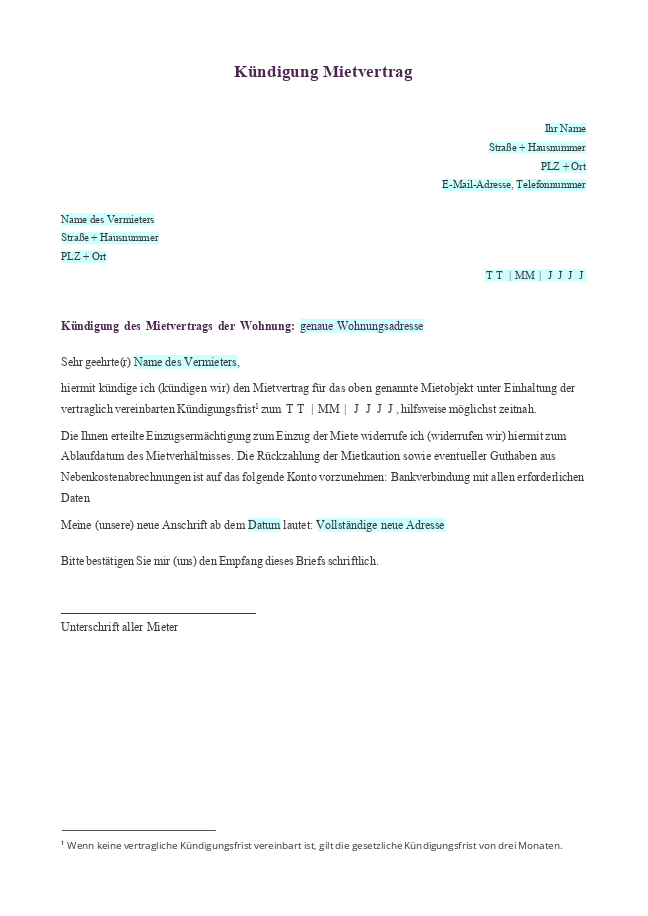 Mietvertrag Vorlage