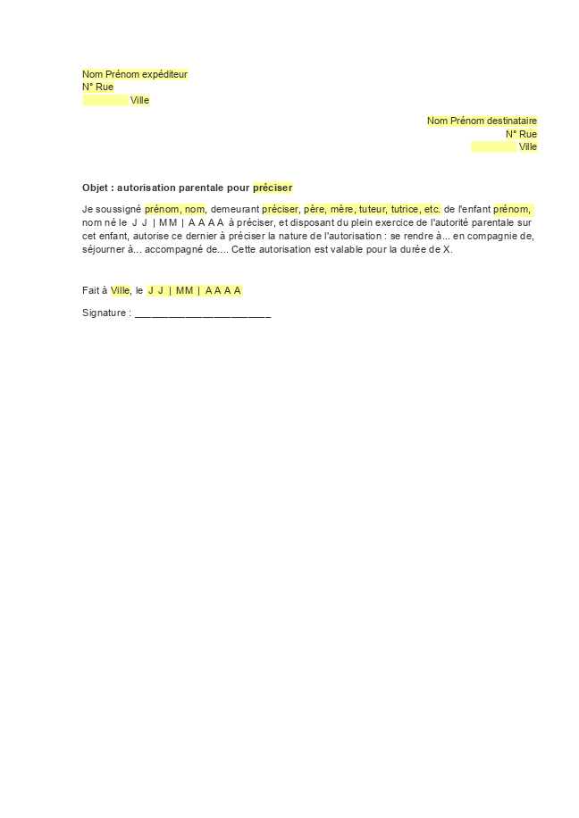 Formulaire autorisation parentale