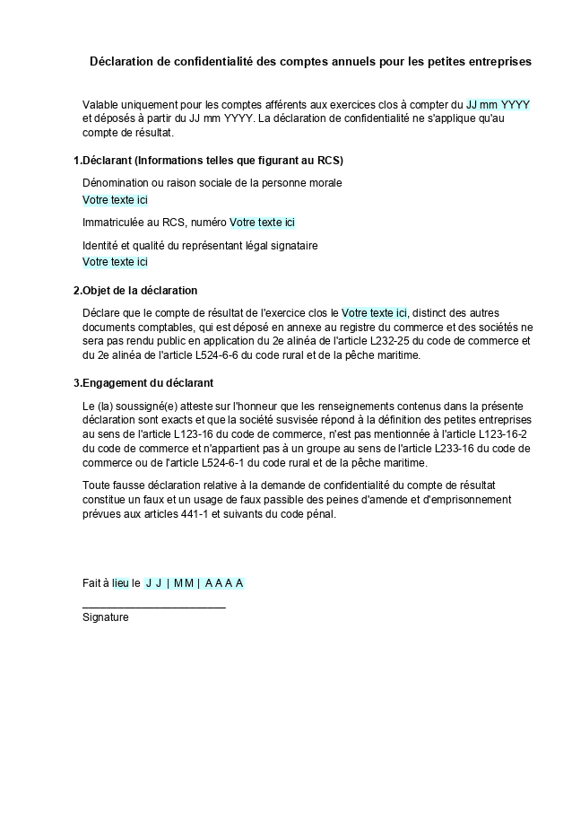Formulaire déclaration de confidentialité des comptes annuels pour les petites entreprises