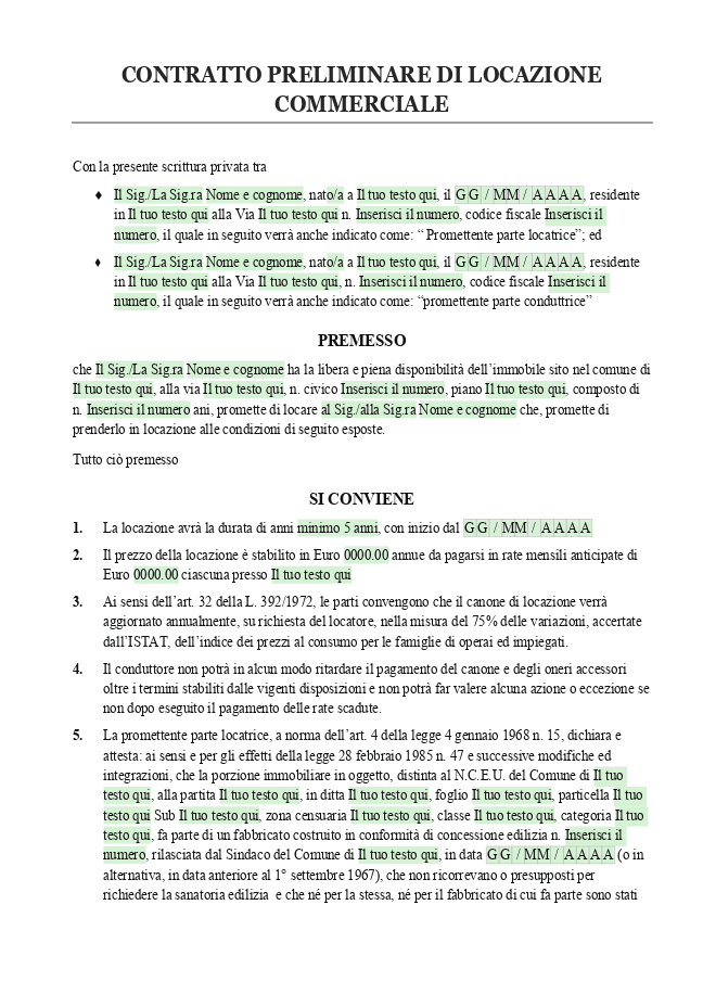 Modello di Contratto preliminare di locazione
