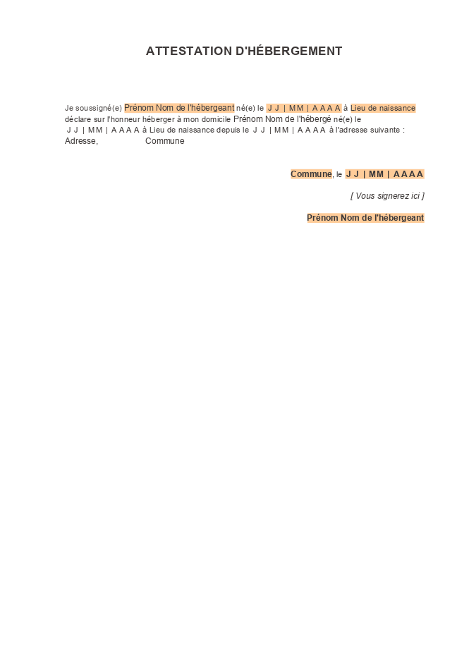 Formulaire attestation d'hébergement