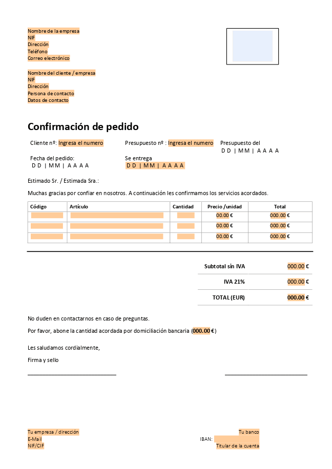 Formulario Confirmación de pedido