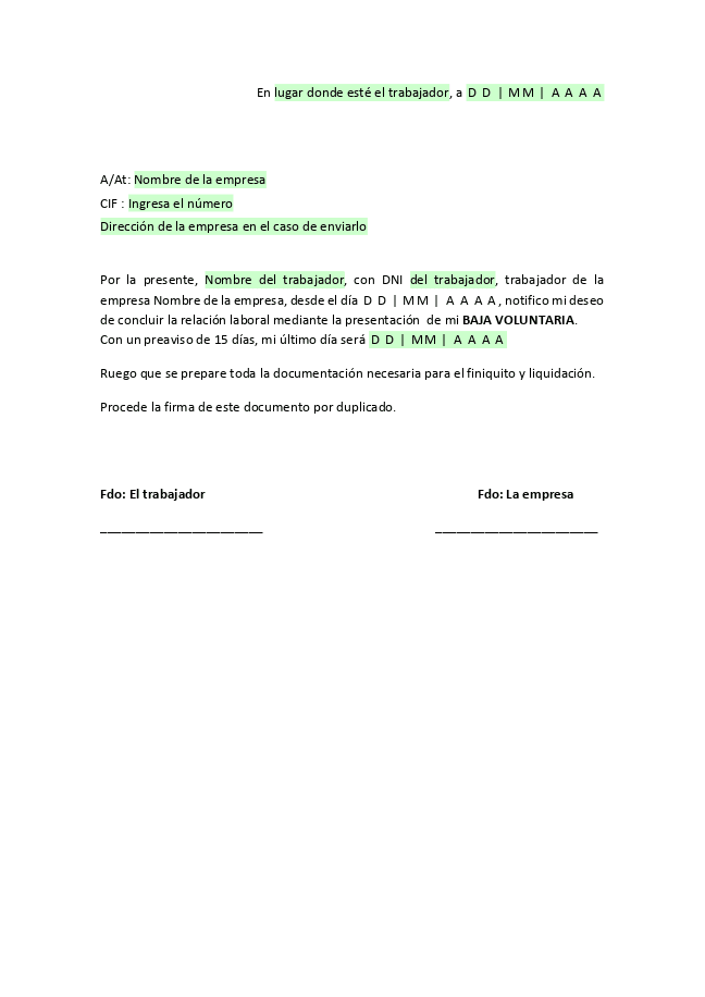 Formulario Carta de baja voluntaria