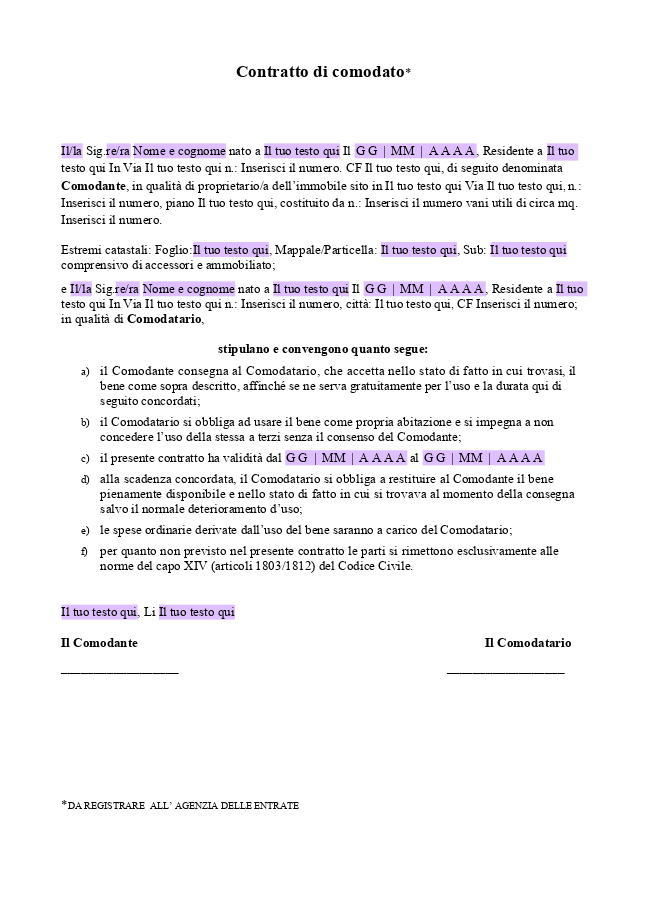 Modulo Contratto di comodato d'uso gratuito