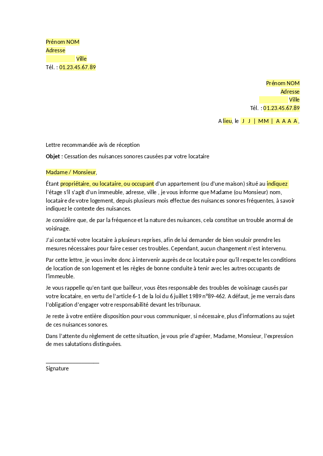 Formulaire lettre pour problème de voisinage