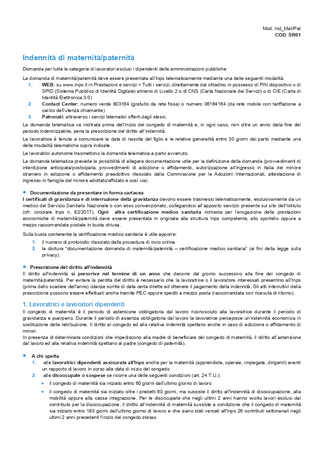 Modulo Indennità di maternità / paternità