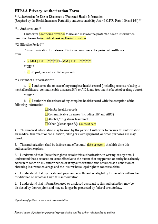 HIPAA Privacy Authorization Form (HIPAA release)