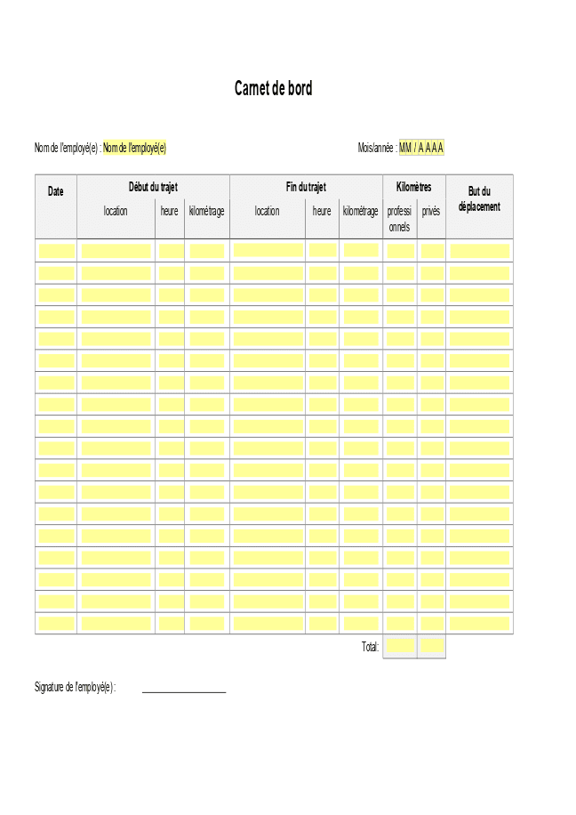 Formulaire carnet de bord