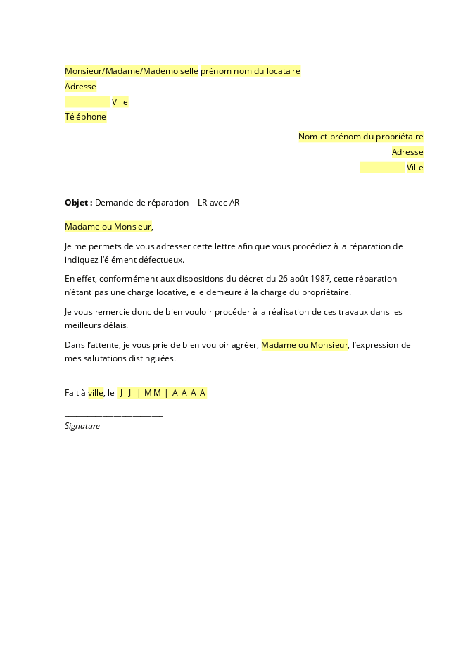 Formulaire demande de réparation