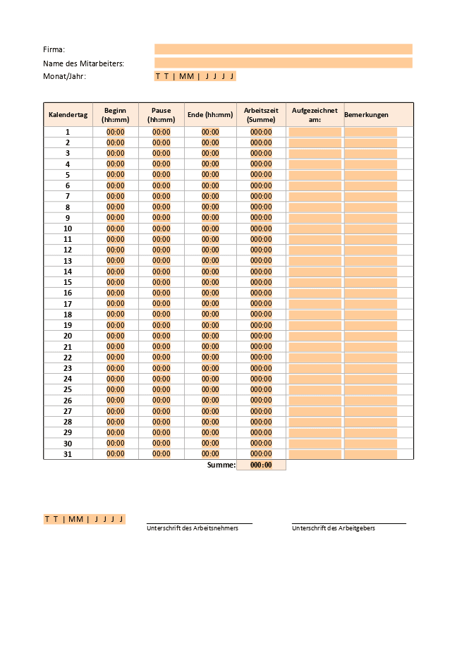 Formular für Arbeitszeitnachweis