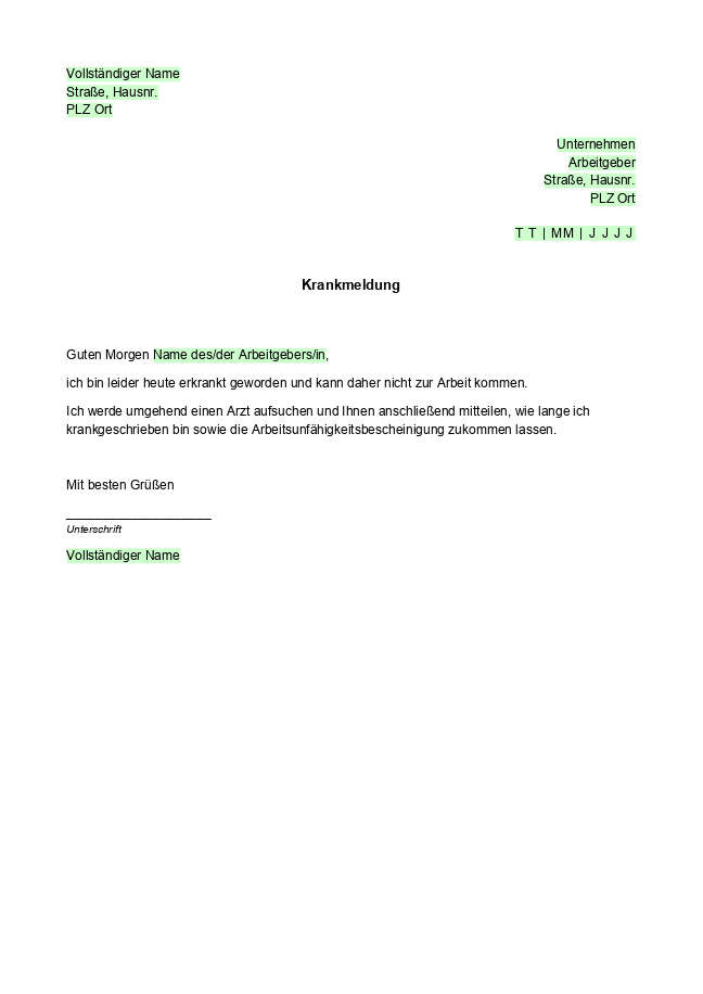 Vorlage für Krankmeldung
