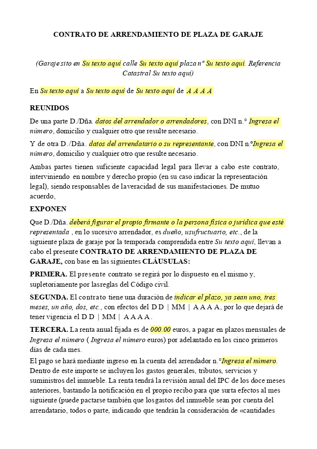 Formulario Contrato de alquiler de plaza de garaje