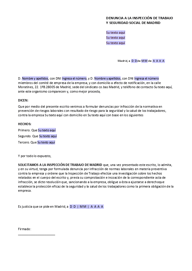 Formulario Denuncia ante la Inspección de Trabajo y Seguridad Social