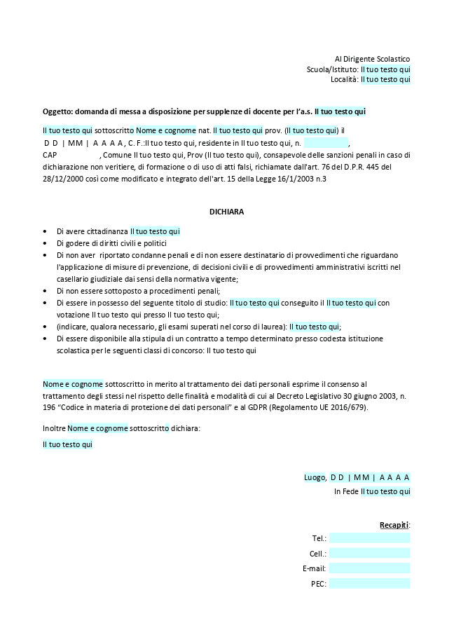 Modello della domanda di messa a disposizione (MAD)