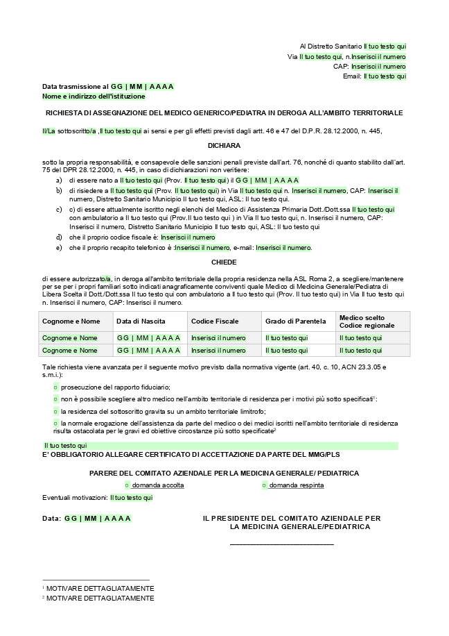 Modulo per cambio medico di base