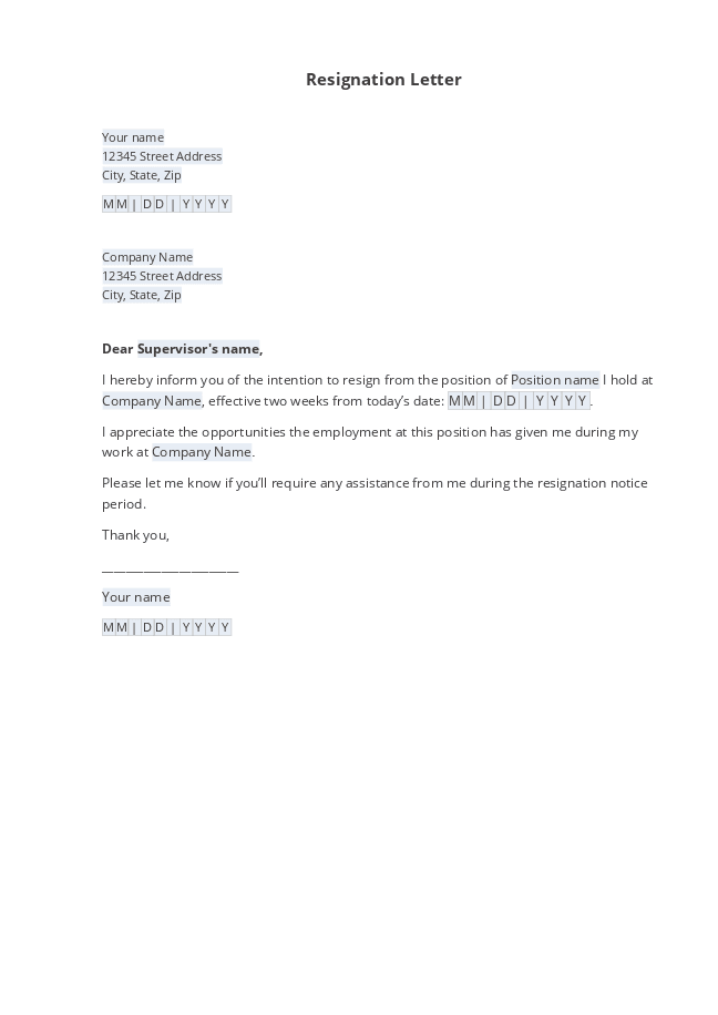 Resignation letter form
