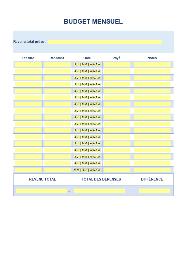 Formulaire budget mensuel simple
