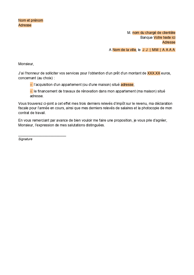 Formulaire demande de prêt immobilier