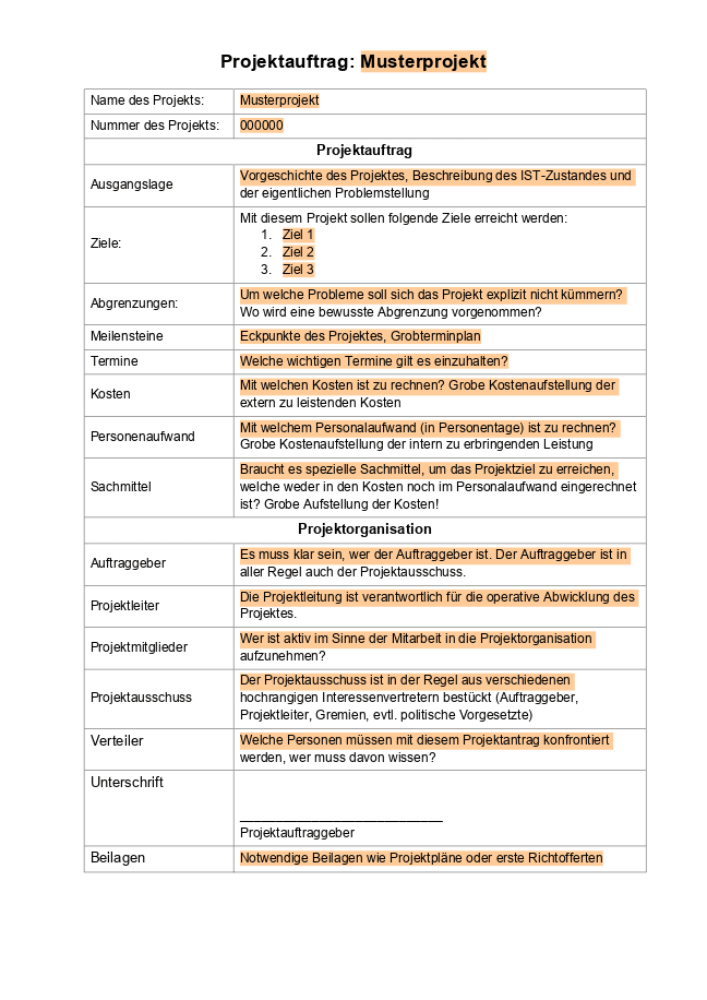 Formular für Projektauftrag