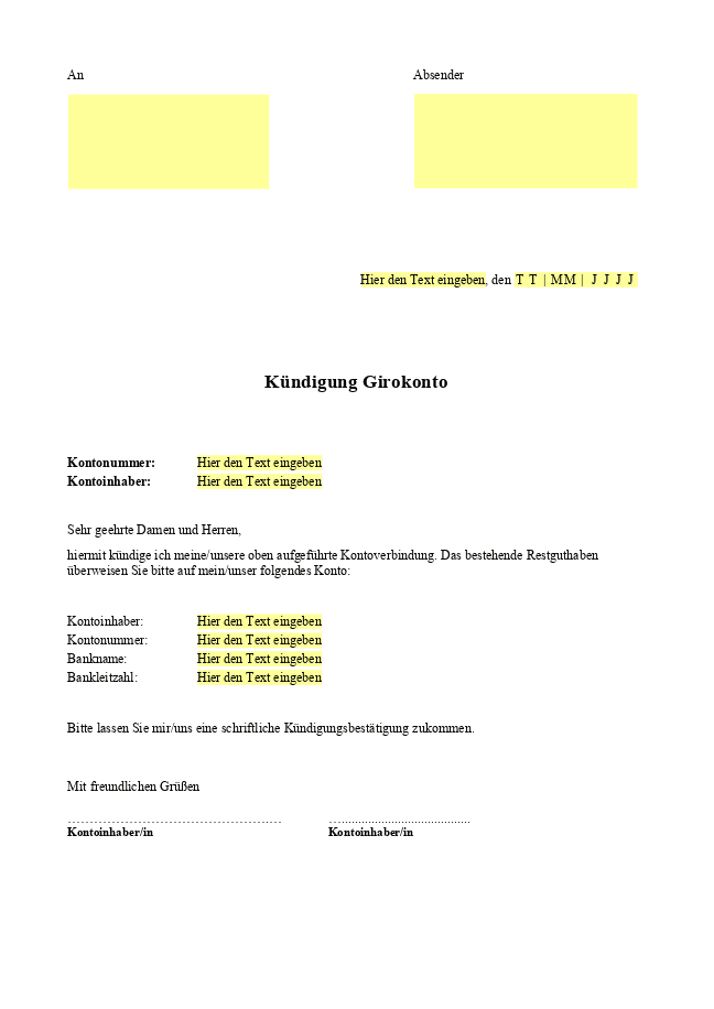 Formular vom Antrag auf Kündigung des Girokontos