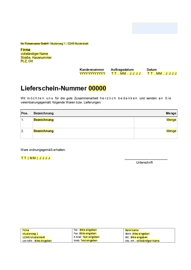 Formular für Lieferschein