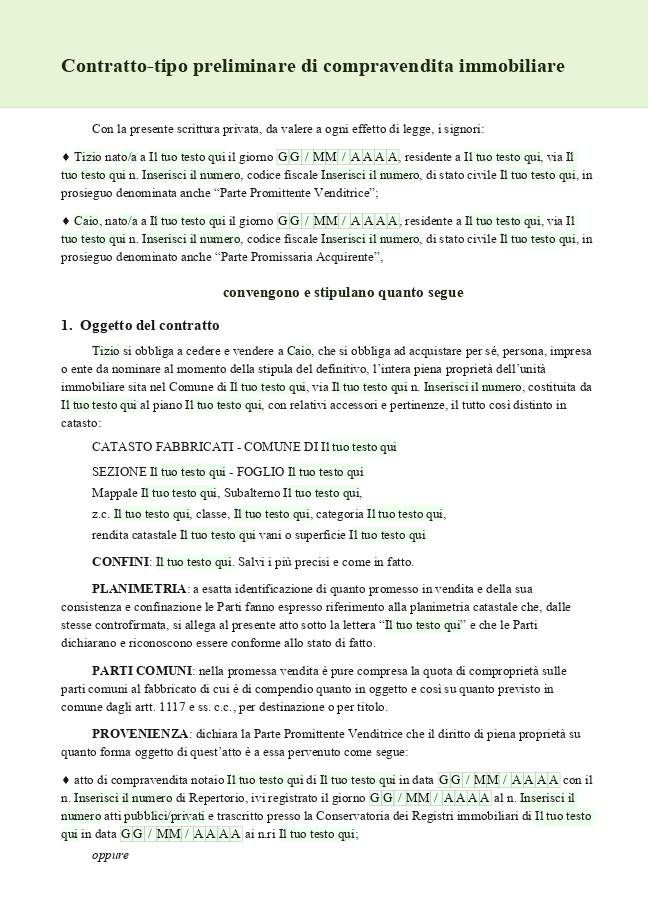 Modulo Contratto preliminare compravendita immobiliare