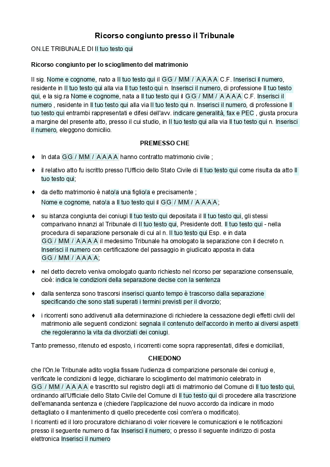 Modulo Accordo di divorzio