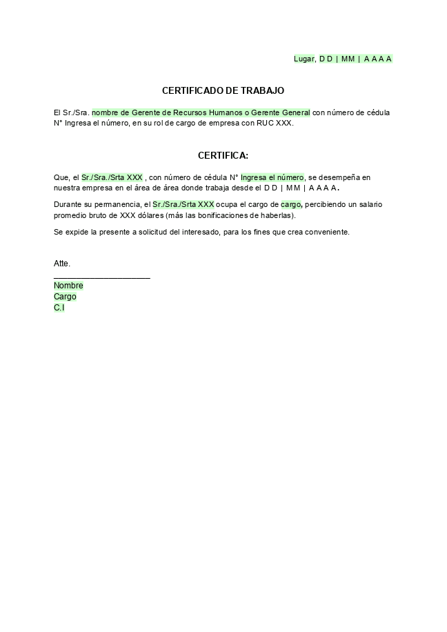 Formulario Certificado de trabajo