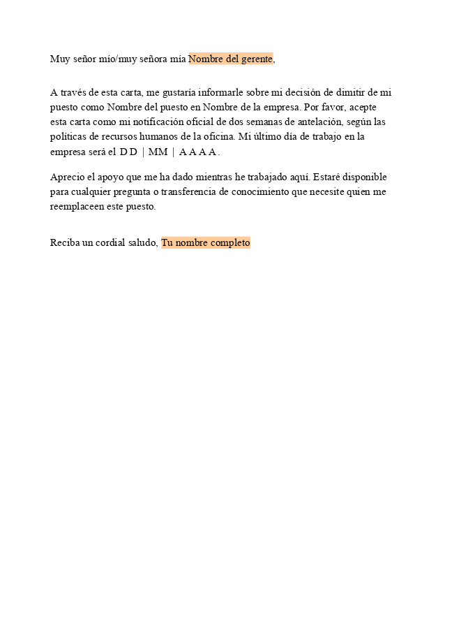 Formulario Carta de renuncia