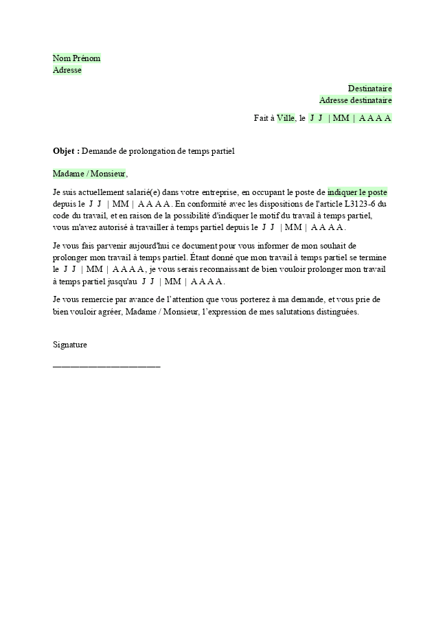 Formulaire demande de prolongation de temps partiel