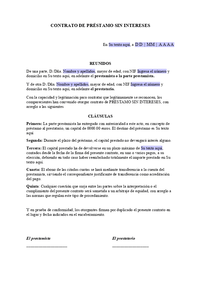 Formulario Contrato de préstamo entre particulares sin intereses
