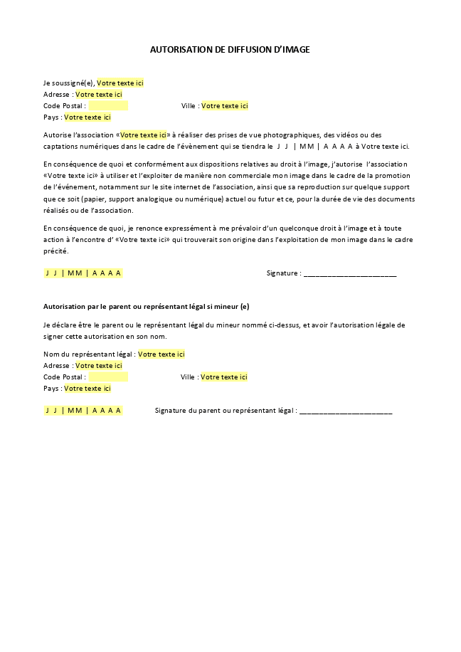 Formulaire autorisation de diffusion d'une image