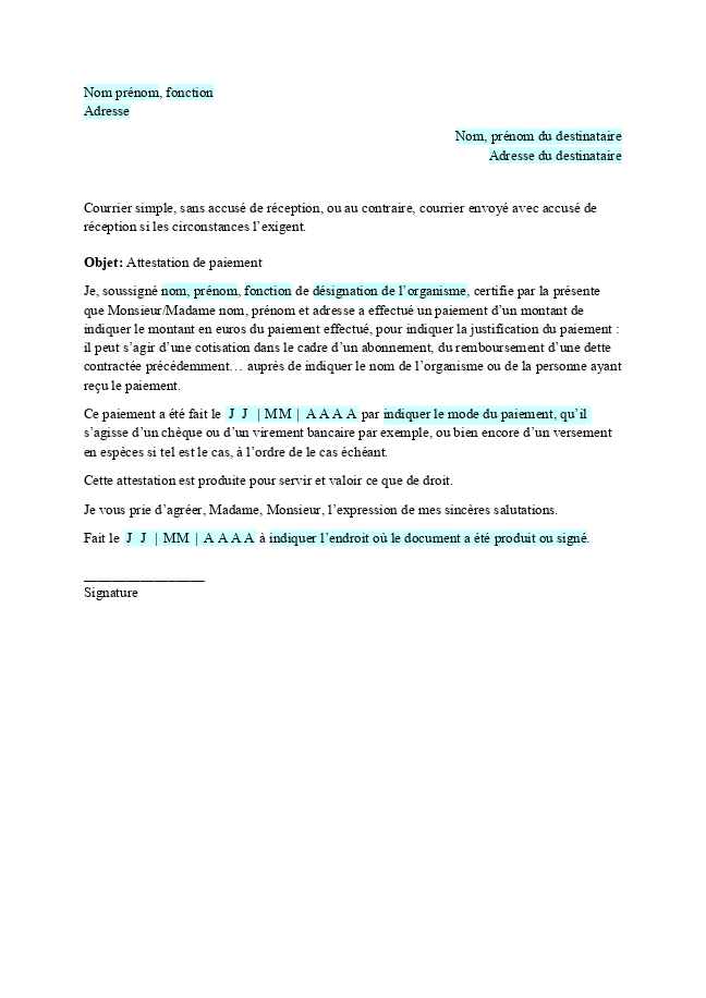 Formulaire attestation de paiement