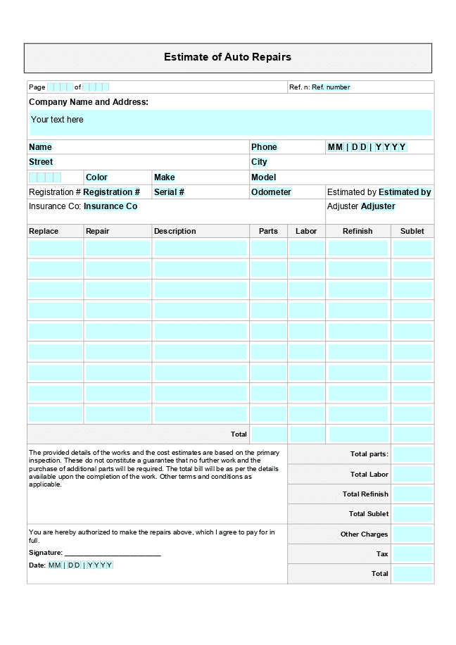 Auto repair estimate form