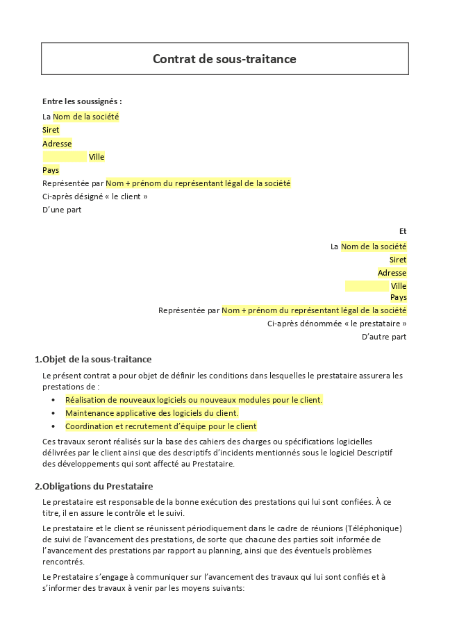 Formulaire contrat de sous-traitance