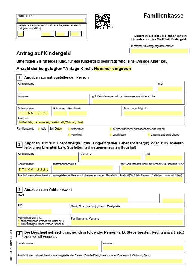 Formular eines Antrags auf Kindergeld